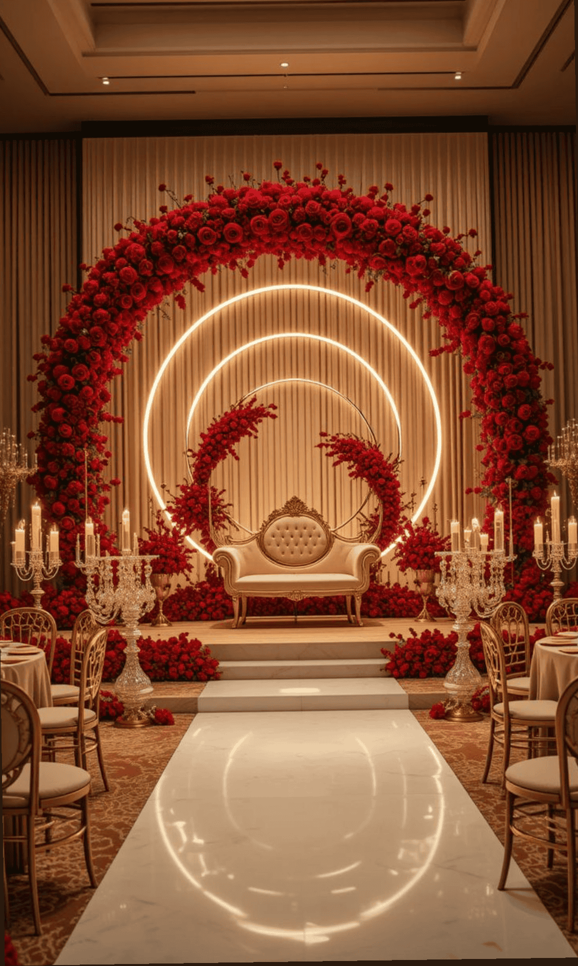 Red Event Elegant ballroom setup for weddings, engagements, and special events. تجهيز قاعة فاخرة لحفلات الزفاف والخطوبة والمناسبات الخاصة