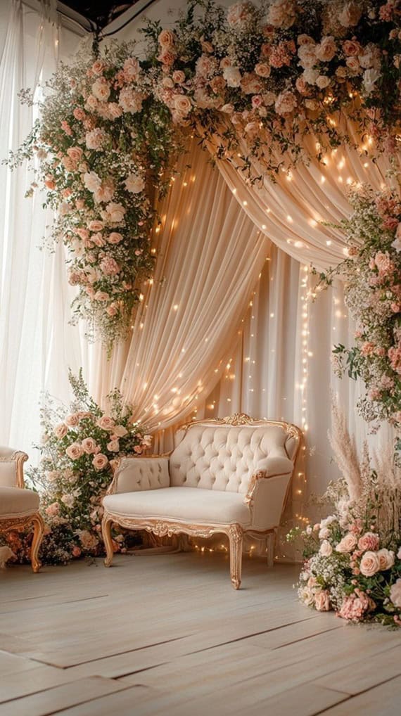 كوش ملكة وخطوبة Elegant engagement stage with floral décor –Melka Kosha and Khutubah setup. كوشة ملكة وخطوبة أنيقة مزينة بالورود.