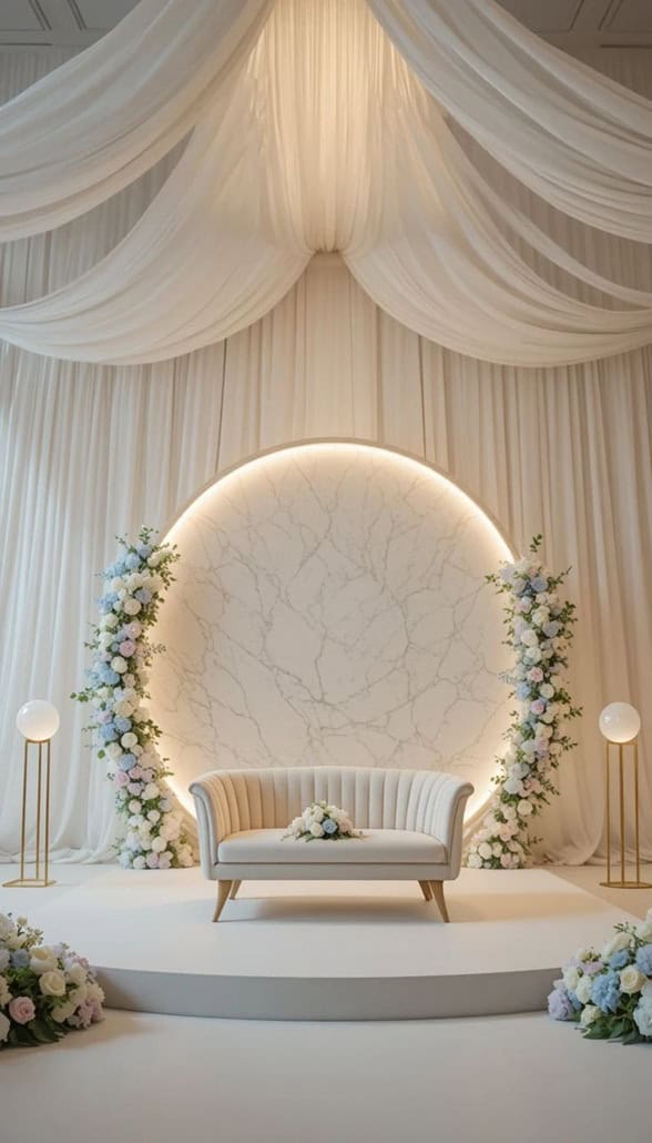Engagement Backdrop Elegant engagement stage with floral décor –Melka Kosha and Khutubah setup. كوشة ملكة وخطوبة أنيقة مزينة بالورود.