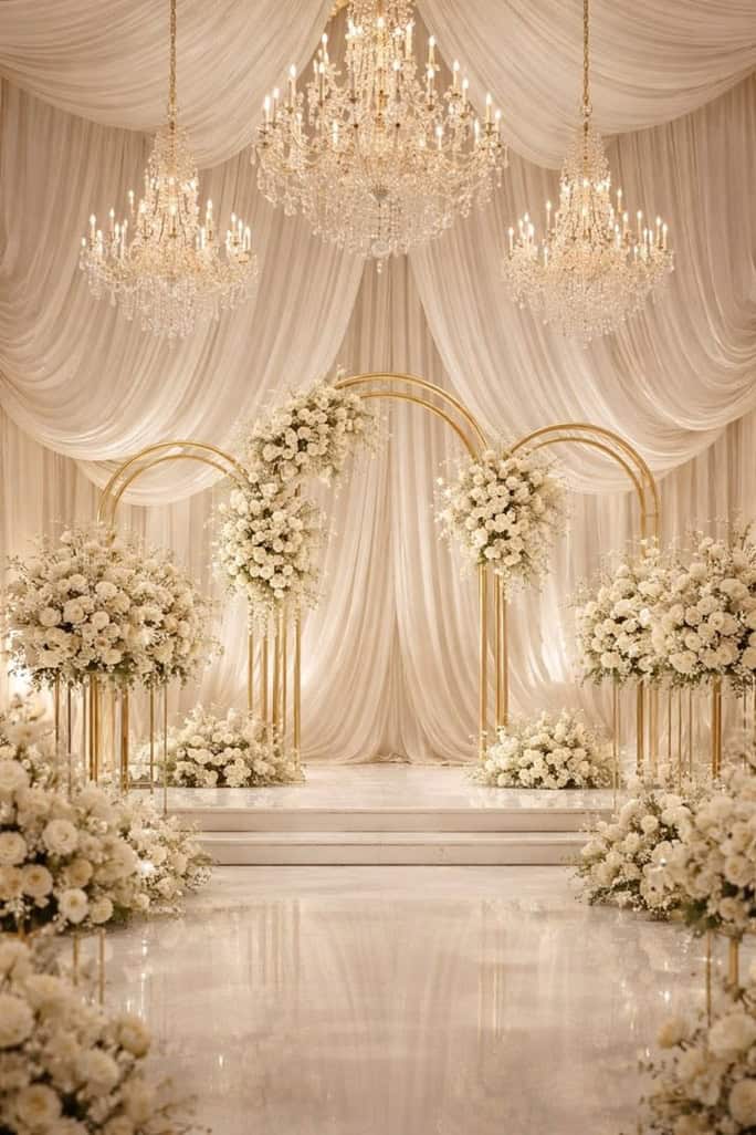 Royal Arch Backdrop Elegant ballroom setup for weddings, engagements, and special events. تجهيز قاعة فاخرة لحفلات الزفاف والخطوبة والمناسبات الخاصة