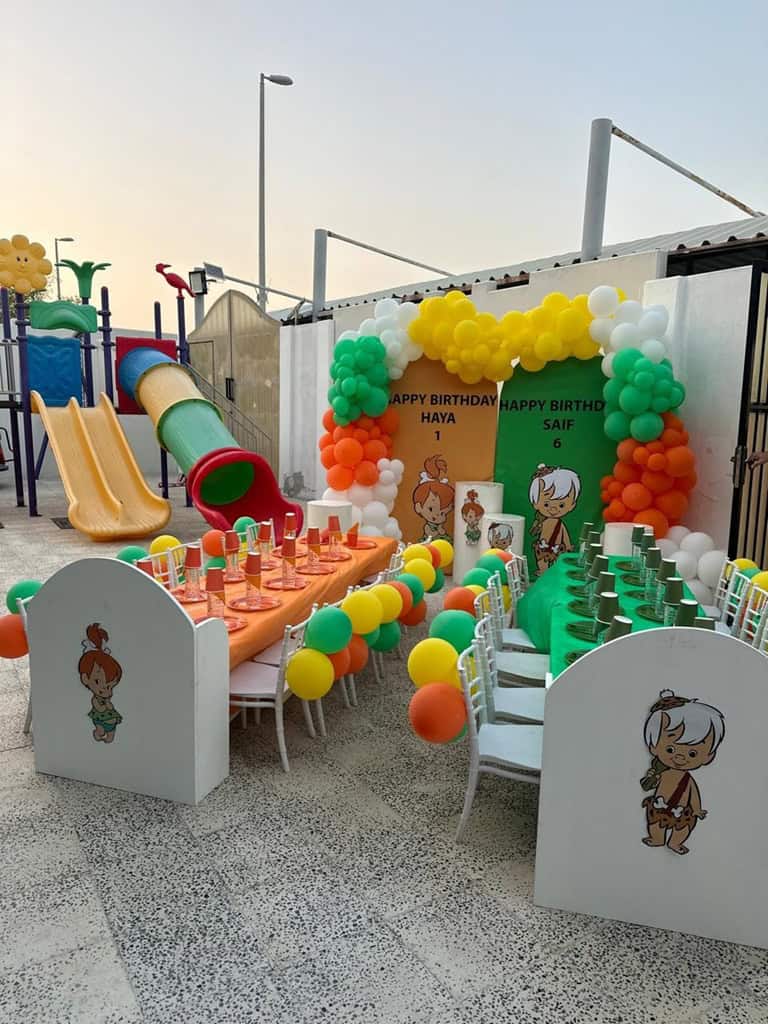 Birthday Parties حفلات اعياد Birthday party setup with themed decorations, balloons, and cake table. تجهيز حفلة عيد ميلاد مع ديكورات ثيم، بالونات، وطاولة كيك