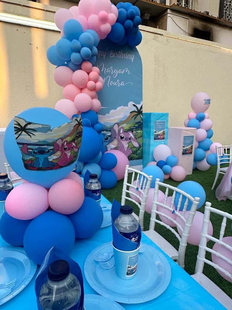 Birthday Parties حفلات اعياد Birthday party setup with themed decorations, balloons, and cake table. تجهيز حفلة عيد ميلاد مع ديكورات ثيم، بالونات، وطاولة كيك