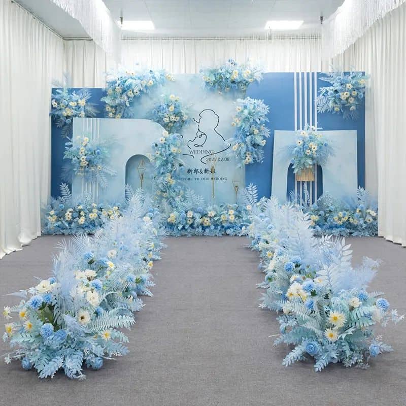 Event Backdrop Elegant engagement stage with floral décor –Melka Kosha and Khutubah setup. كوشة ملكة وخطوبة أنيقة مزينة بالورود.