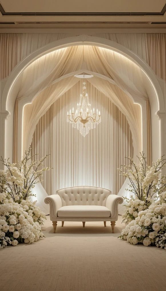 Arch Decor Engagement kosha setup with flowers, decoration, and elegant seating – كوشة ملكة وخطوبة مع تزيين ورد وجلسة ملكية