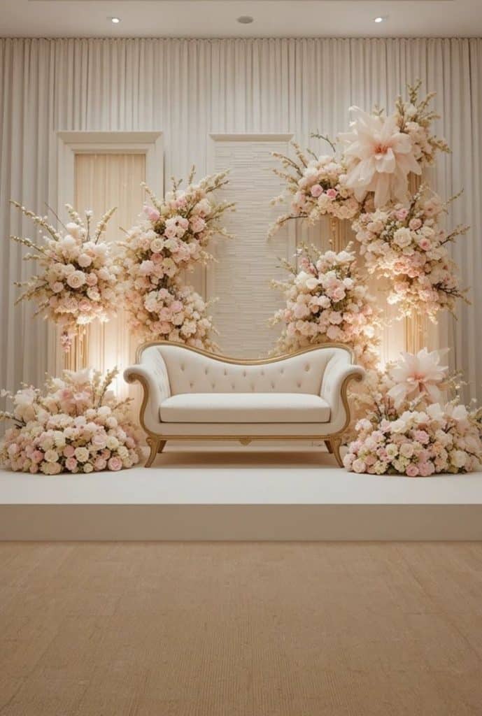 كوش ملكة Engagement kosha setup with flowers, decoration, and elegant seating – كوشة ملكة وخطوبة مع تزيين ورد وجلسة ملكية