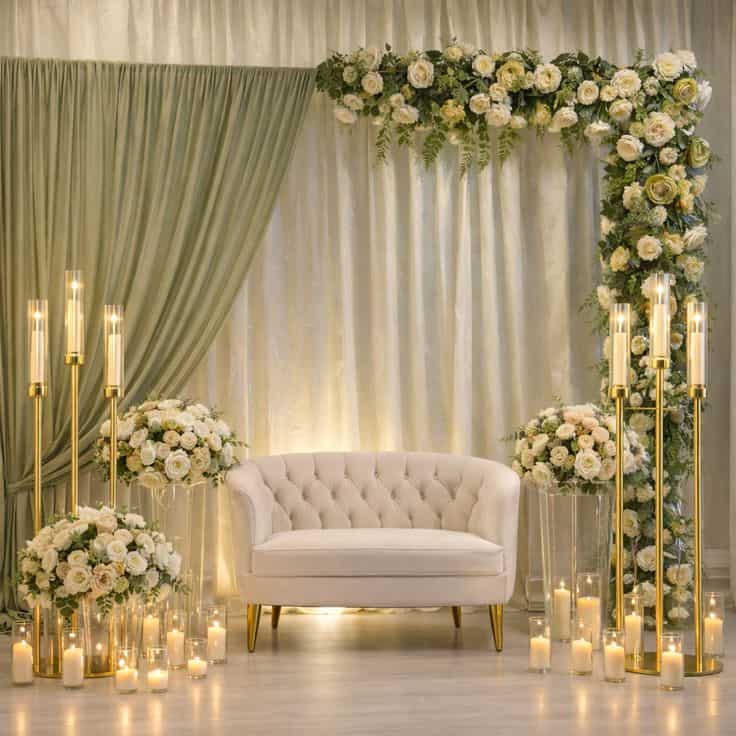 Milka Arch Elegant engagement and nikah stage with floral décor –Melka Kosha and Khutubah setup. كوشة ملكة وخطوبة أنيقة مزينة بالورود.