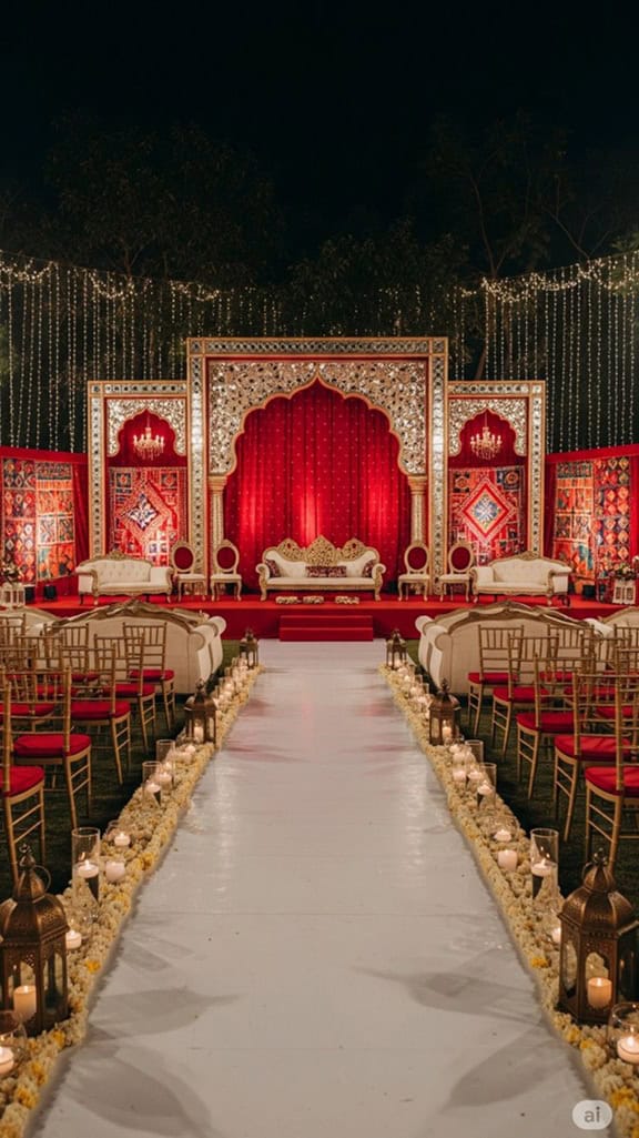 Red Ballroom Decor Elegant ballroom setup for weddings, engagements, and special events. تجهيز قاعة فاخرة لحفلات الزفاف والخطوبة والمناسبات الخاصة