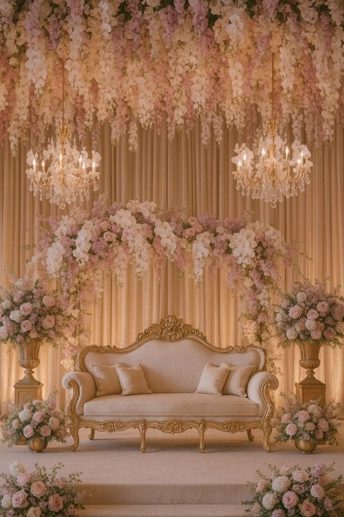 كوشة ملكة ورود Elegant engagement and nikah stage with floral décor –Melka Kosha and Khutubah setup. كوشة ملكة وخطوبة أنيقة مزينة بالورود.