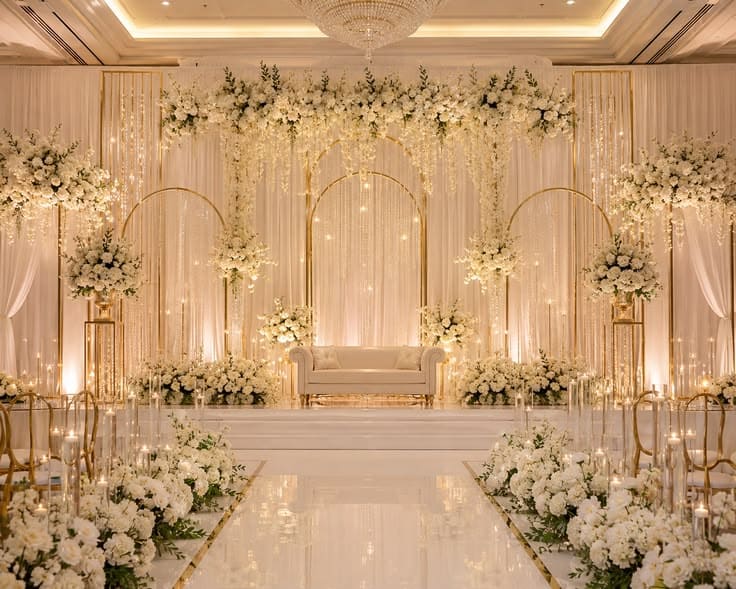 Ballroom Floral Arches Elegant ballroom setup for weddings, engagements, and special events. تجهيز قاعة فاخرة لحفلات الزفاف والخطوبة والمناسبات الخاصة