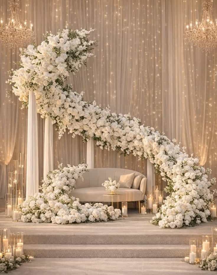 Curve Flower Design Elegant ballroom setup for weddings, engagements, and special events. تجهيز قاعة فاخرة لحفلات الزفاف والخطوبة والمناسبات الخاصة
