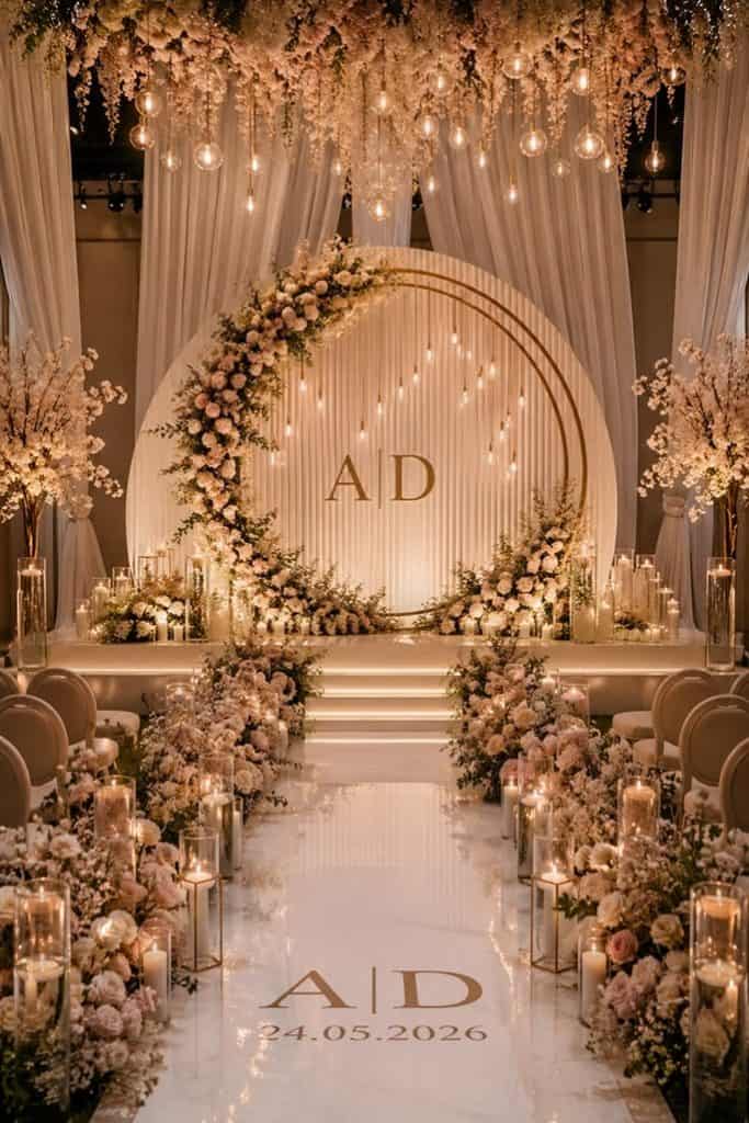 Floral Arch Royal Elegant ballroom setup for weddings, engagements, and special events. تجهيز قاعة فاخرة لحفلات الزفاف والخطوبة والمناسبات الخاصة