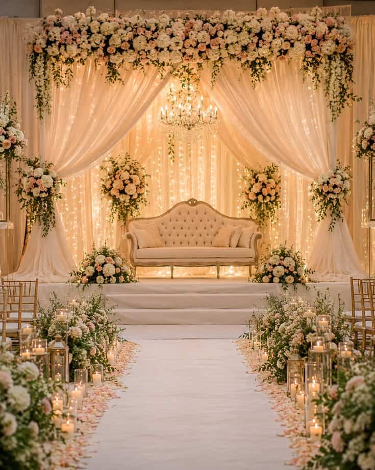 Floral Backdrop Elegant ballroom setup for weddings, engagements, and special events. تجهيز قاعة فاخرة لحفلات الزفاف والخطوبة والمناسبات الخاصة