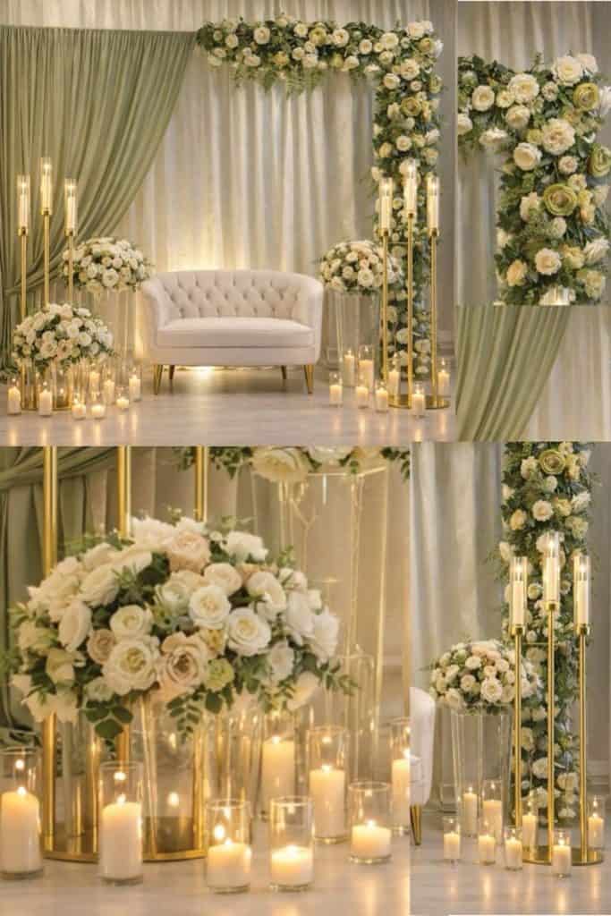 Green Indoors Arch Engagement kosha setup with flowers, decoration, and elegant seating – كوشة ملكة وخطوبة مع تزيين ورد وجلسة ملكية