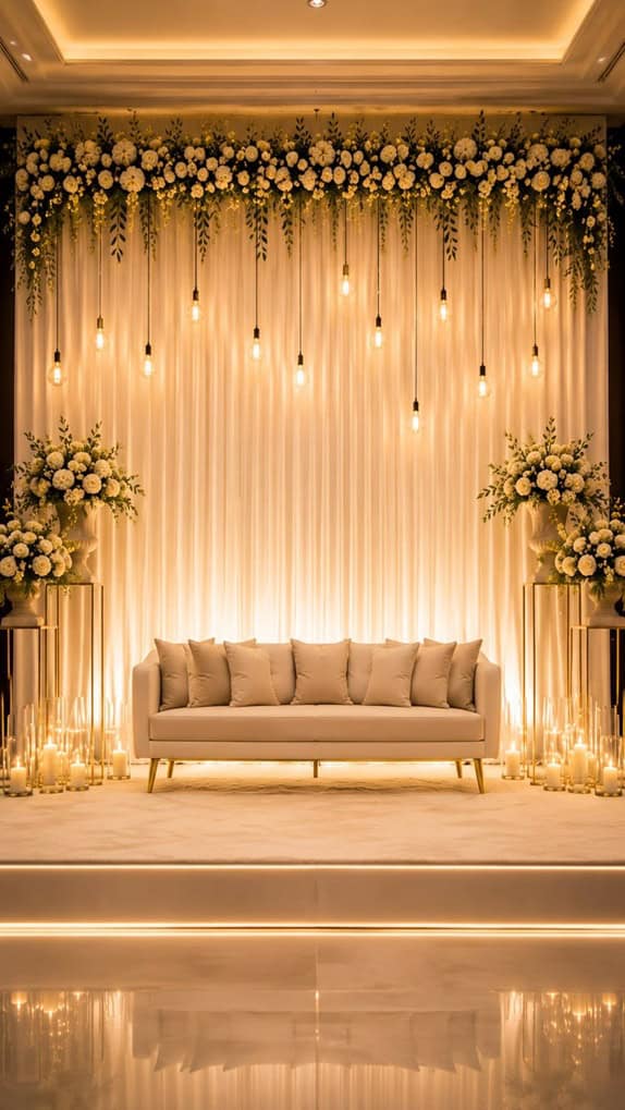 Indoors Floral Arch Elegant ballroom setup for weddings, engagements, and special events. تجهيز قاعة فاخرة لحفلات الزفاف والخطوبة والمناسبات الخاصة