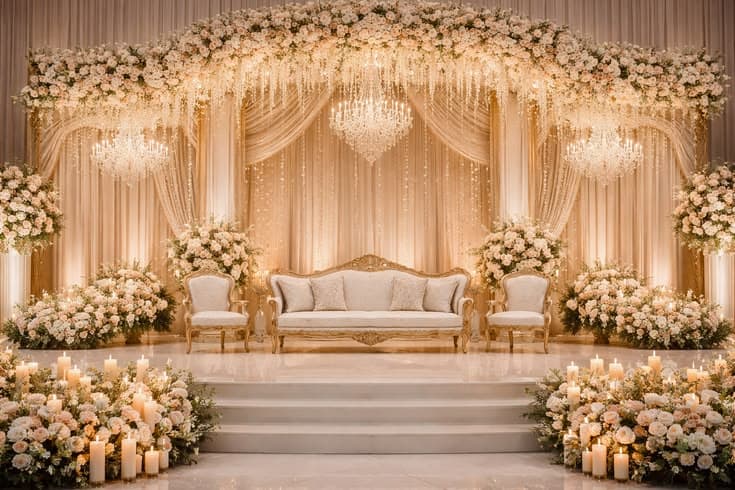 Luxury Wedding Floral Elegant ballroom setup for weddings, engagements, and special events. تجهيز قاعة فاخرة لحفلات الزفاف والخطوبة والمناسبات الخاصة