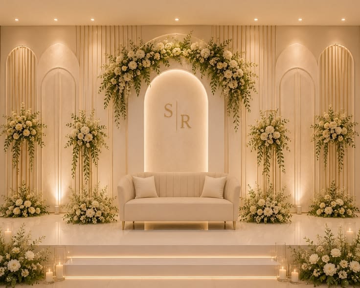 كوش ملكة واعراس Engagement kosha setup with flowers, decoration, and elegant seating – كوشة ملكة وخطوبة مع تزيين ورد وجلسة ملكية